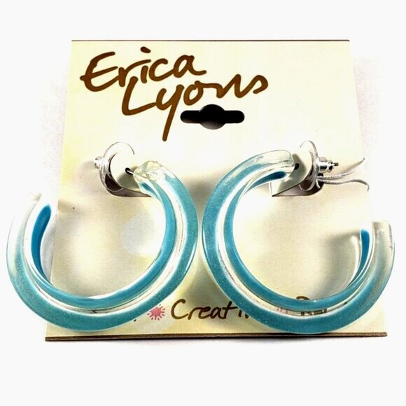 Erica Lyons Chunky Acrylic Hoop Earrings Turquoise & Clear Statement Retro Style - Picture 1 of 3